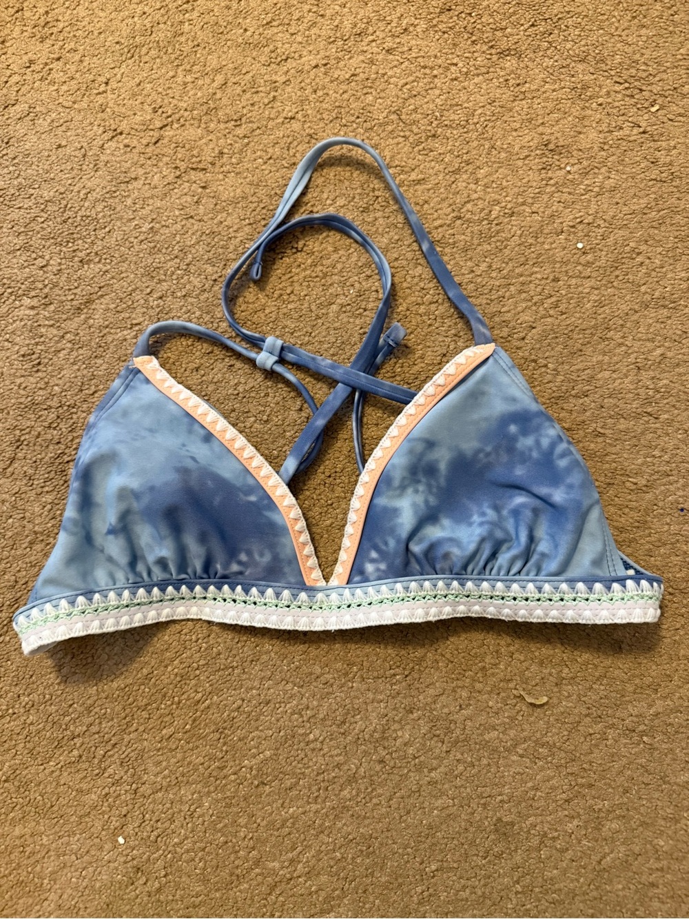 Xhilaration Blue Tie-Dye Triangle Swim Top with Peach Trim